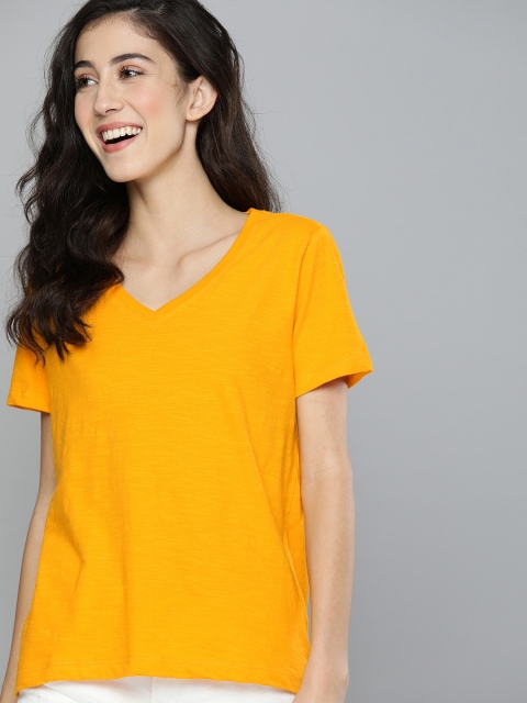 

Mast Harbour Women Orange Regular Fit Solid V-Neck Pure Cotton T-shirt