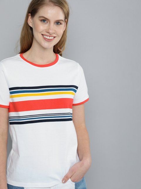 

Mast & Harbour Women White Striped Round Neck T-shirt