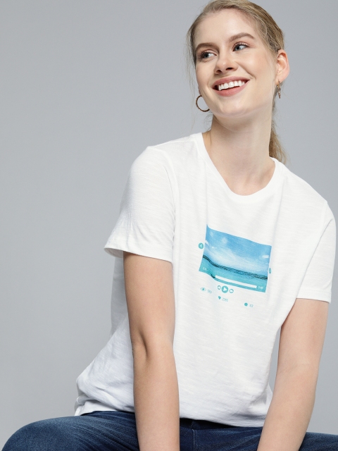 

Mast & Harbour Women White Printed Round Neck T-shirt