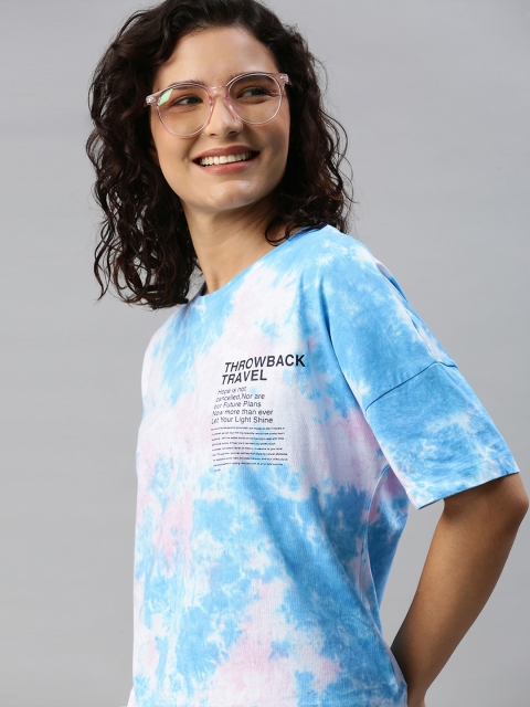 

Mast & Harbour Women Blue & Pink Tie and Dye Dyed Drop-Shoulder Sleeves T-shirt