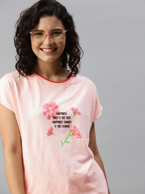 

Mast Harbour Women Pink Floral Printed Extended Sleeves Pure Cotton T-shirt