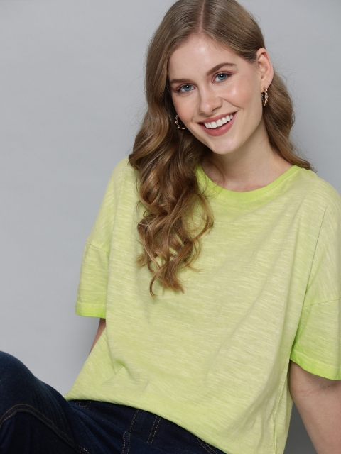 

Mast & Harbour Women Fluorescent Green Self Design Round Neck T-shirt