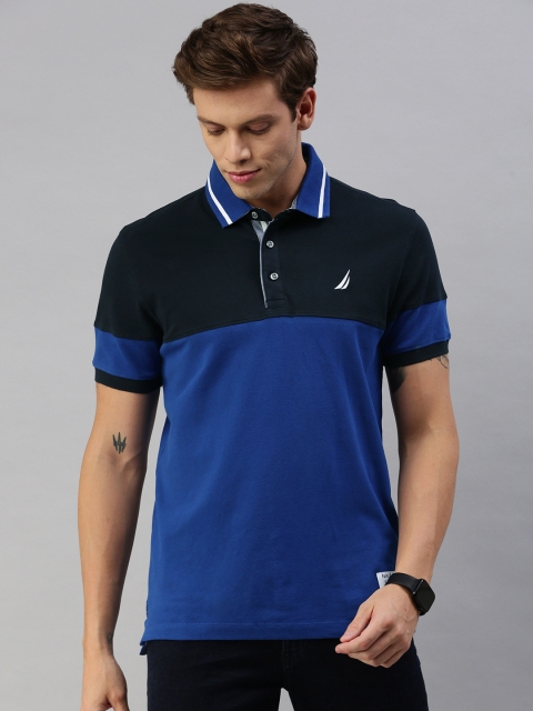 

Nautica Men Black & Blue Colourblocked Polo Collar T-shirt