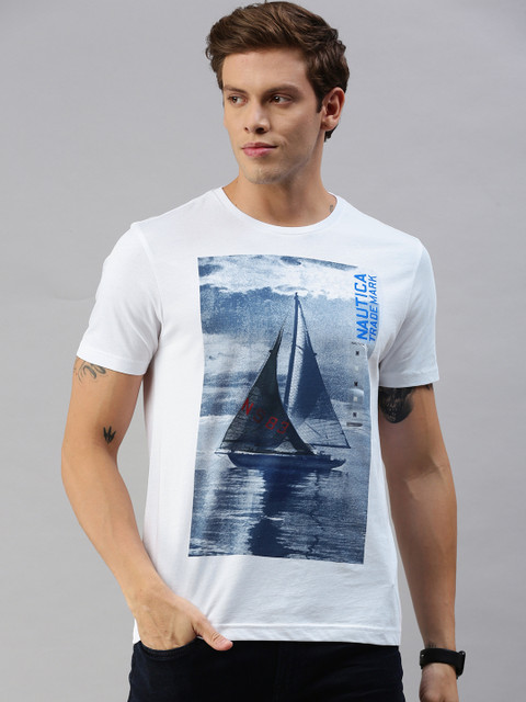 

Nautica Men White Printed Round Neck Pure Cotton T-shirt