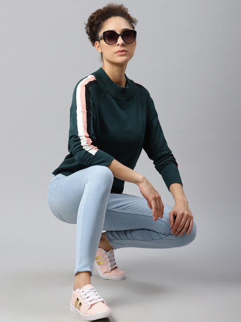 

Roadster Teal Green Solid Regular Top With Striped Sleeves