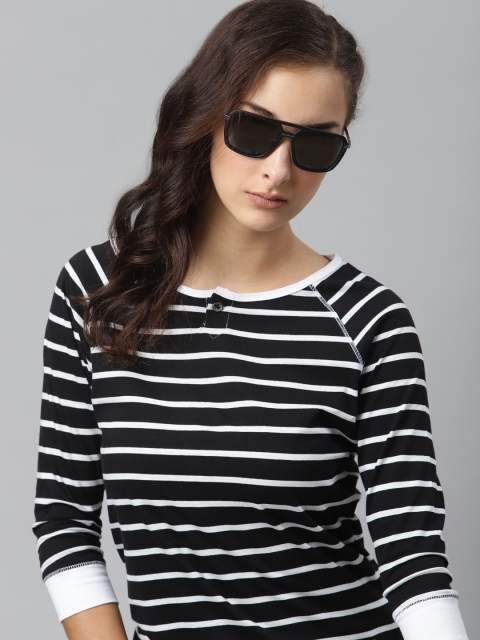 

The Roadster Lifestyle Co Women Black White Striped Round Neck Pure Cotton T-shirt