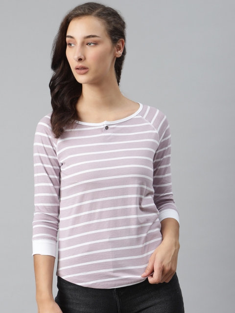 

Roadster Women Lavender & White Striped Pure Cotton Round Neck T-shirt