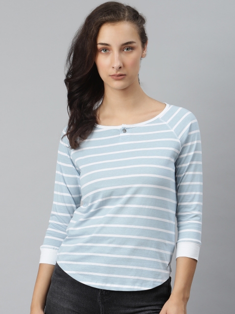

The Roadster Lifestyle Co Women Blue & White Striped Pure Cotton Round Neck T-shirt