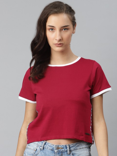 

Roadster Women Maroon Pure Cotton Solid Round Neck Cropped Pure Cotton T-shirt