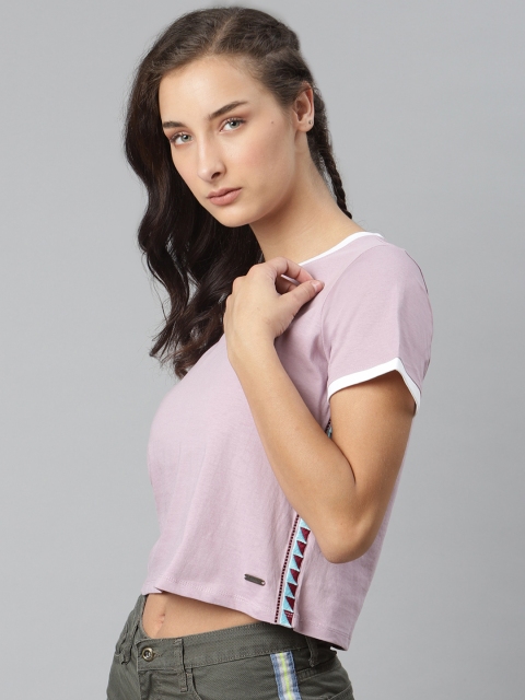 

The Roadster Lifestyle Co Women Lavender Pure Cotton Embroidered Round Neck Cropped Pure Cotton T-shirt