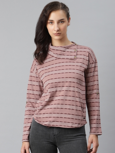 

Roadster Women Taupe & Maroon Pure Cotton Printed Turtle Neck T-shirt