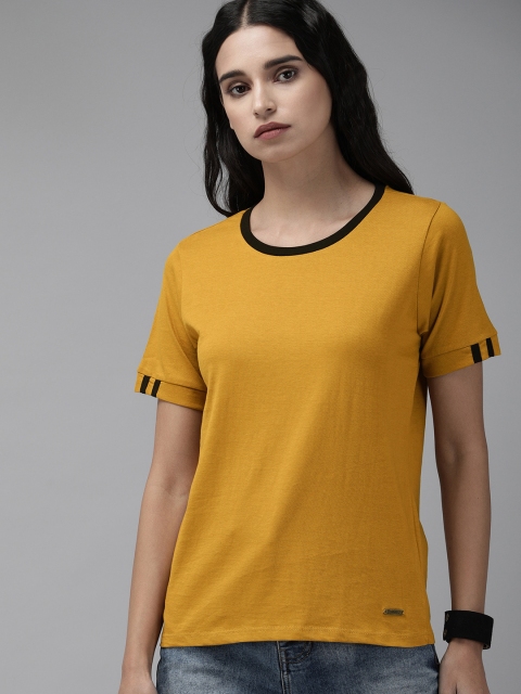 

Roadster Women Mustard Yellow Solid Pure Cotton Round Neck T-shirt