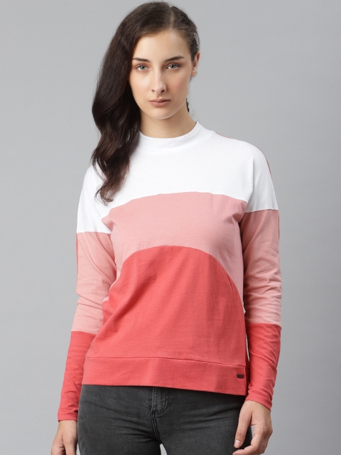 

Roadster Women White & Pink Pure Cotton Colourblocked High Neck T-shirt