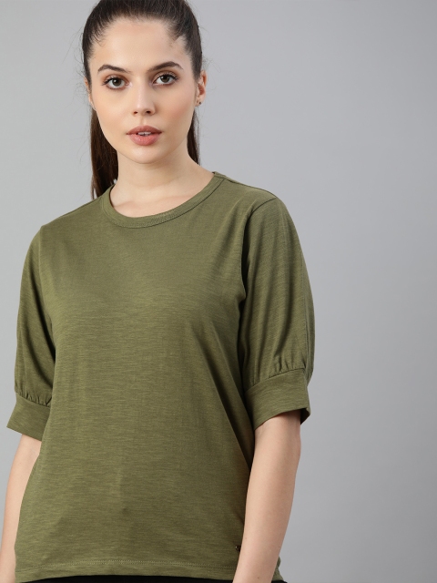 

The Roadster Lifestyle Co Women Green Solid Puff Sleeves Pure Cotton T-shirt