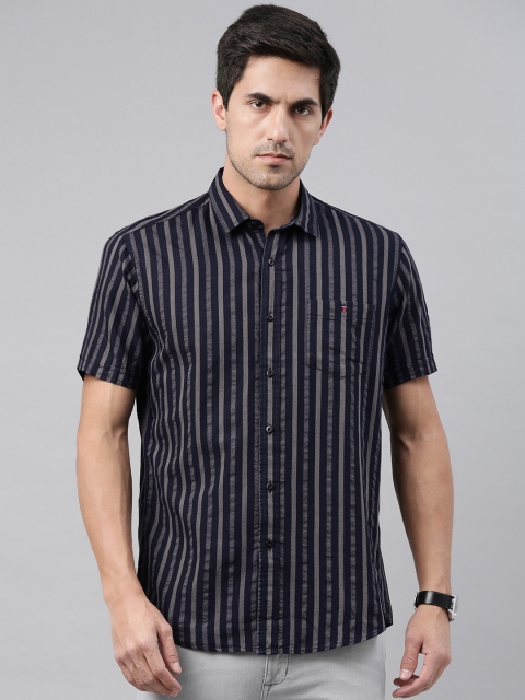 

Louis Philippe Jeans Men Navy Blue & Grey Slim Fit Striped Casual Shirt