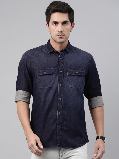 

Louis Philippe Jeans Men Navy Blue Washed Pure Cotton Slim Fit Denim Shirt