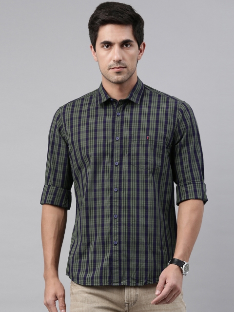 

Louis Philippe Jeans Men Olive Green & Navy Blue Slim Fit Checked Casual Shirt
