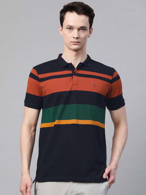 

Louis Philippe Jeans Men Navy Blue & Rust Orange Pure Cotton Striped Polo Collar T-shirt