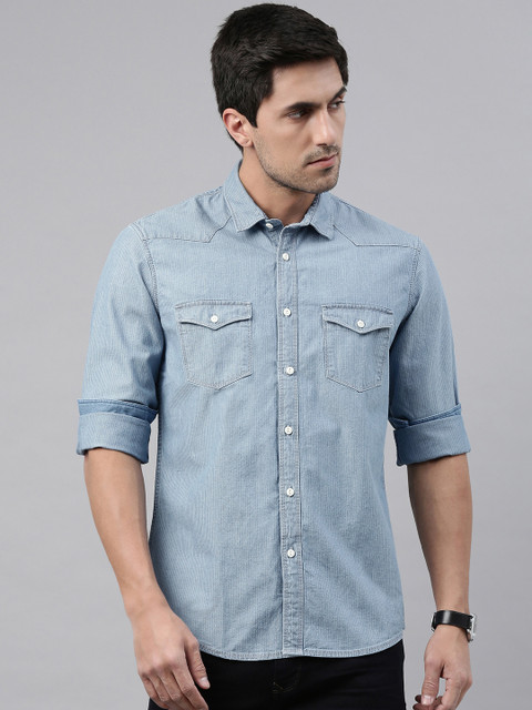 

Louis Philippe Jeans Men Blue Slim Fit Self Design Casual Shirt
