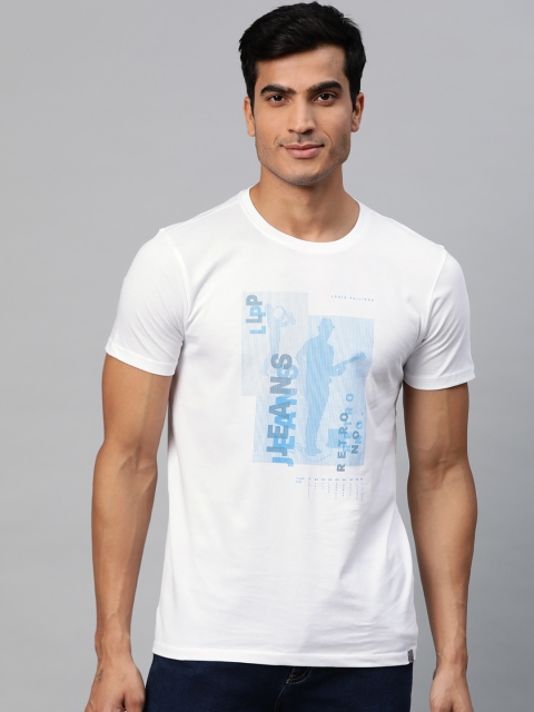 

Louis Philippe Jeans Men White Blue Pure Cotton Printed Round Neck Pure Cotton T-shirt