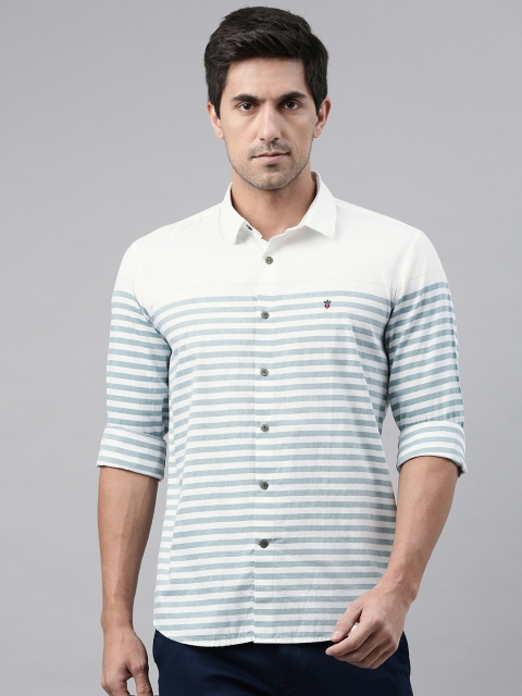 

Louis Philippe Sport Men White & Green Pure Cotton Slim Fit Striped Casual Shirt