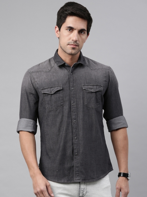 

Louis Philippe Jeans Men Charcoal Grey Washed Pure Cotton Denim Shirt