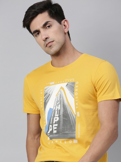 

Louis Philippe Jeans Men Yellow Grey Brand Logo Print Round Neck Pure Cotton T-shirt