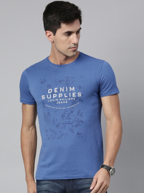 

Louis Philippe Jeans Men Blue White Printed Round Neck Pure Cotton T-shirt