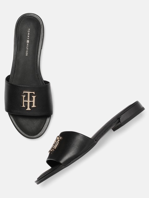 

Tommy Hilfiger Women Black Solid Leather HARDWARE Open Toe Flats