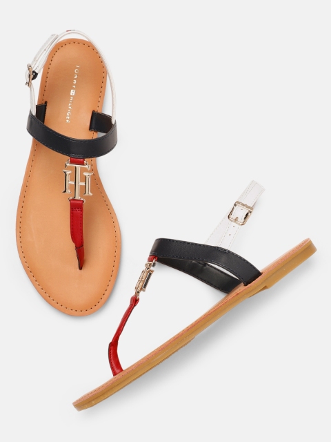 

Tommy Hilfiger Women Red & Navy Blue Colourblocked HARDWARE T-Strap Flats