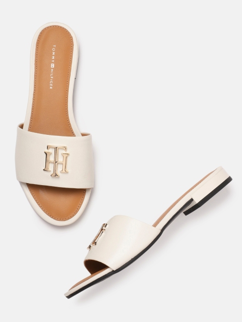 

Tommy Hilfiger Women Off-White Solid Leather HARDWARE Open Toe Flats