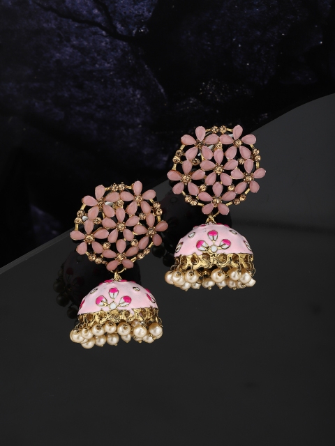 

Carlton London Pink & Off-White Gold-Plated Stone Studded Handcrafted Dome Shaped Jhumkas