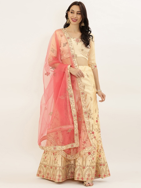 

LADUSAA Beige & Peach-Coloured Embroidered Semi-Stitched Lehenga & Unstitched Blouse with Dupatta