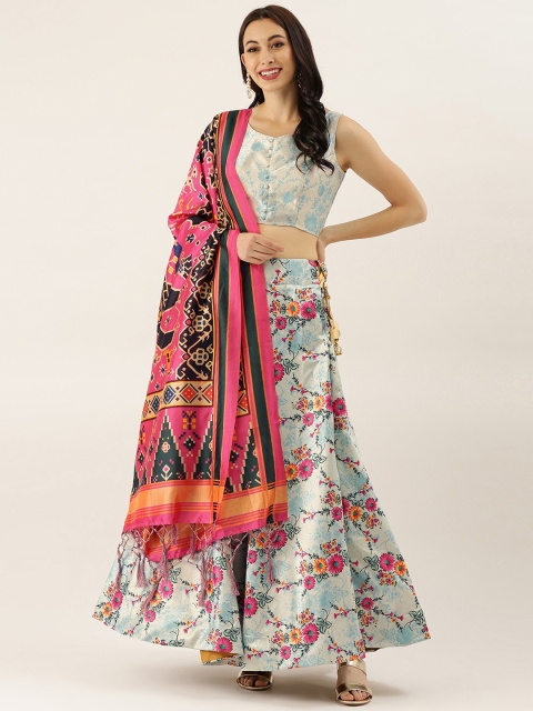 

LADUSAA Blue & Pink Printed Semi-Stitched Lehenga & Unstitched Blouse with Dupatta
