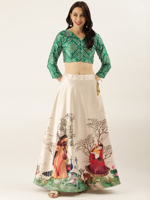 

LADUSAA Off-White & Green Printed Semi-Stitched Lehenga with Unstitched Blouse