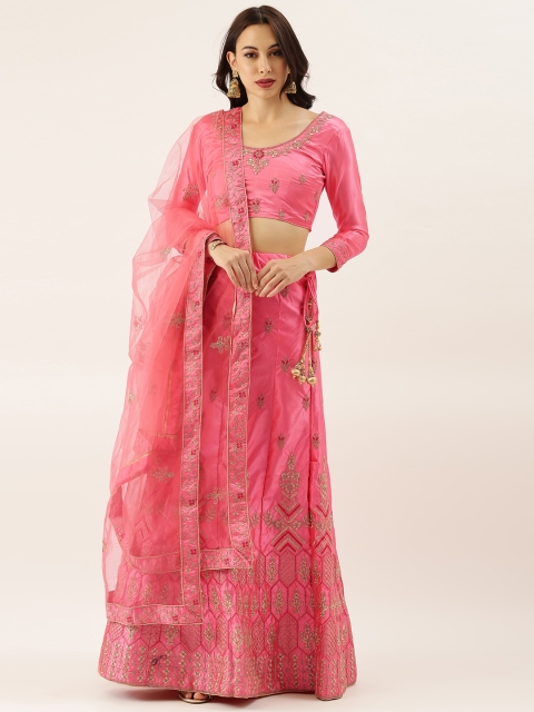 

LADUSAA Pink Embroidered Semi-Stitched Lehenga &Unstitched Blouse with Dupatta