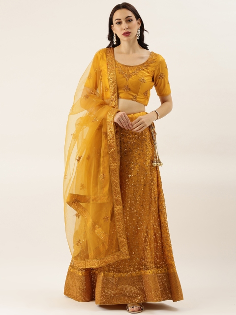 

LADUSAA Mustard Yellow Embroidered Semi-Stitched Lehenga & Unstitched Blouse with Dupatta