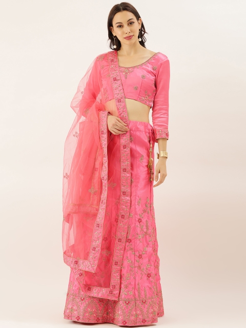 

LADUSAA Pink Embroidered Semi-Stitched Lehenga & Unstitched Blouse with Dupatta