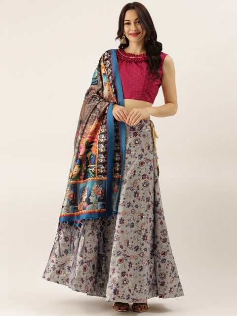 

LADUSAA Pink & Grey Woven Design Semi-Stitched Lehenga & Unstitched Blouse with Dupatta, Magenta