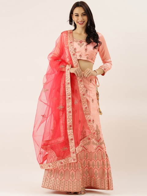 

LADUSAA Peach-Coloured Semi-Stitched Lehenga & Blouse with Dupatta