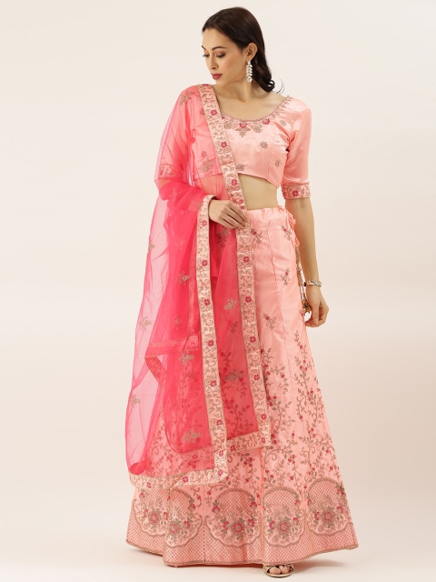 

LADUSAA Peach-Coloured Embroidered Semi-Stitched Lehenga & Blouse with Dupatta