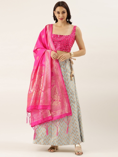 

LADUSAA Blue & Pink Printed Unstitched Lehenga & Ready to Wear Blouse with Dupatta