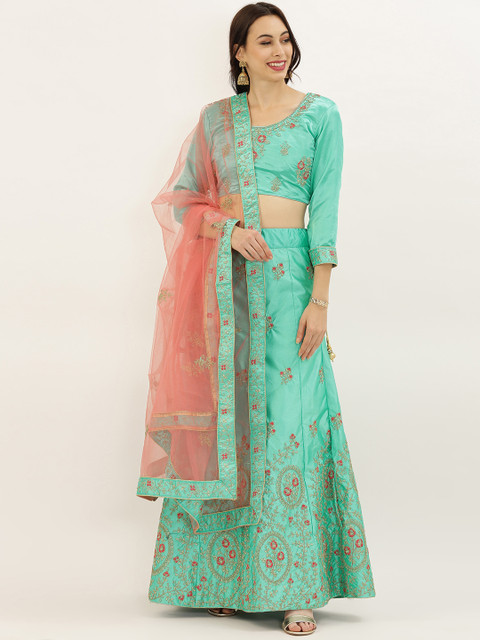 

LADUSAA Turquoise Blue & Red Embroidered Semi-Stitched Lehenga & Unstitched Blouse with Dupatta