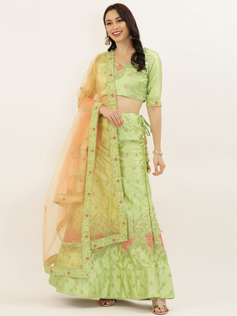 

LADUSAA Green Embroidered Semi-Stitched Lehenga & Unstitched Blouse with Dupatta