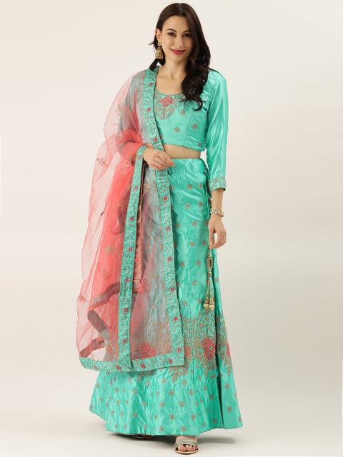 

LADUSAA Sea Green Embroidered Semi-Stitched Lehenga & Unstitched Blouse with Dupatta