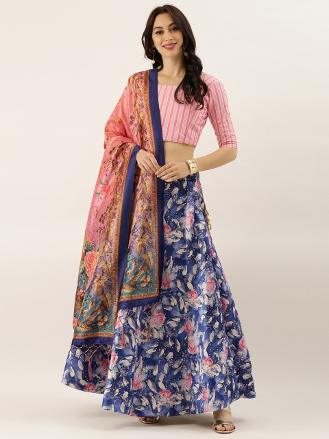 

LADUSAA Navy Blue & Pink Printed Unstitched Lehenga & Blouse with Dupatta