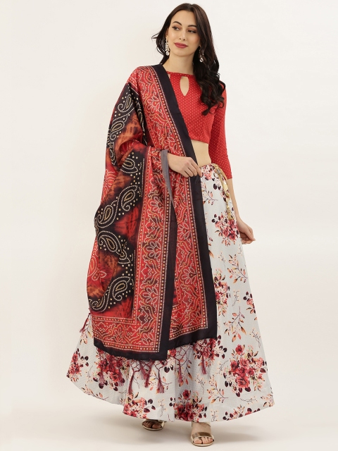 

LADUSAA Red & White Embroidered Unstitched Lehenga & Semi-Stitched Blouse with Dupatta
