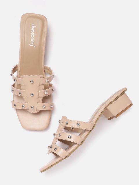 

DressBerry Women Beige Rivet Studded Block Heels