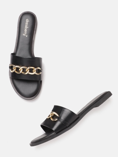 

DressBerry Women Black & Gold-Toned Link Chain Detail Open Toe Flats