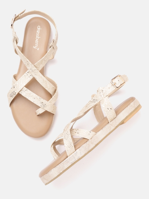 

DressBerry Women Gold-Toned Snakeskin Textured Open Toe Flats